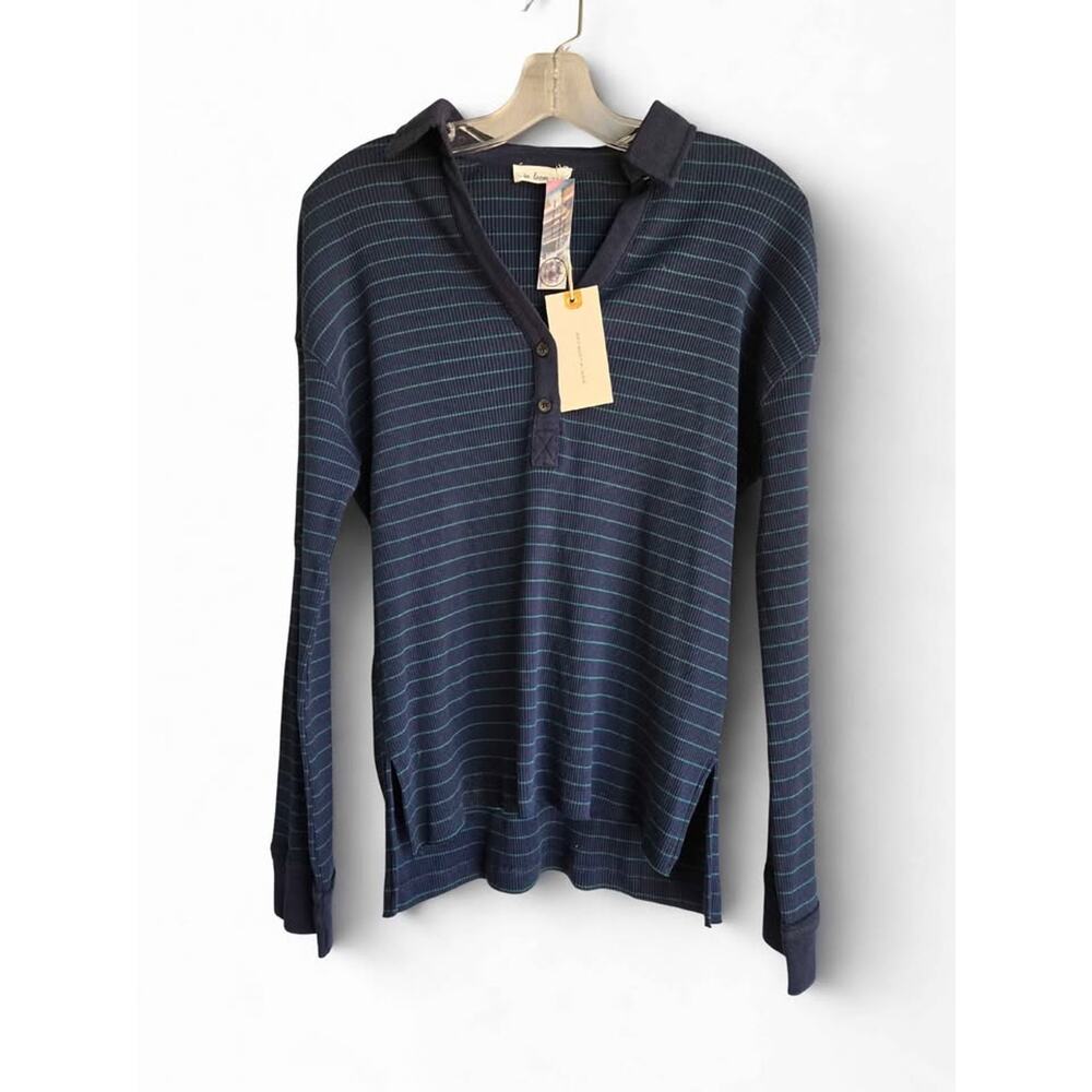 In Loom Striped Ribbed Henley Long Sleeve Top Navy Green Medium‎